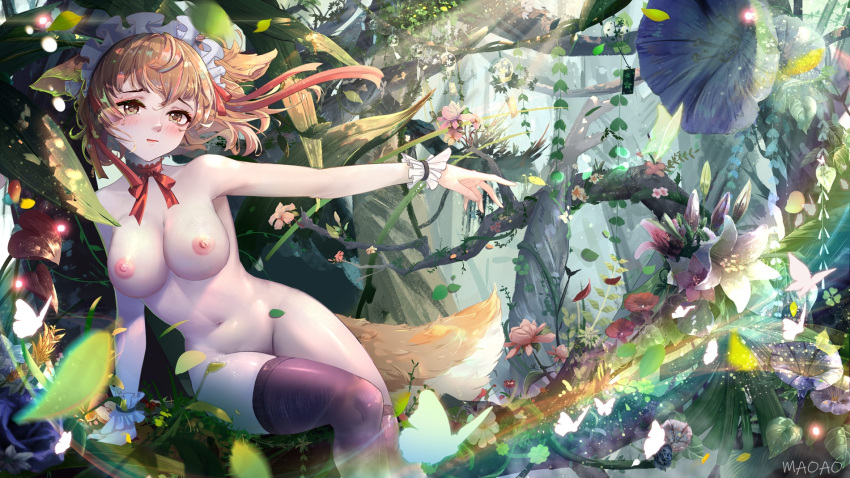 1girl animal_ear_fluff animal_ears arm_support artist_name bangs black_legwear blonde_hair blue_flower blurry blush breasts bug butterfly choker depth_of_field flower forest fox_ears fox_tail hair_ribbon hand_up highres insect leaf light_rays looking_at_viewer maid_headdress maoao medium_breasts medium_hair nature navel neck_ribbon nipples nude original outdoors outstretched_arm pink_flower red_ribbon ribbon sitting solo symbol_commentary tail thighhighs tree wrist_cuffs yellow_eyes
