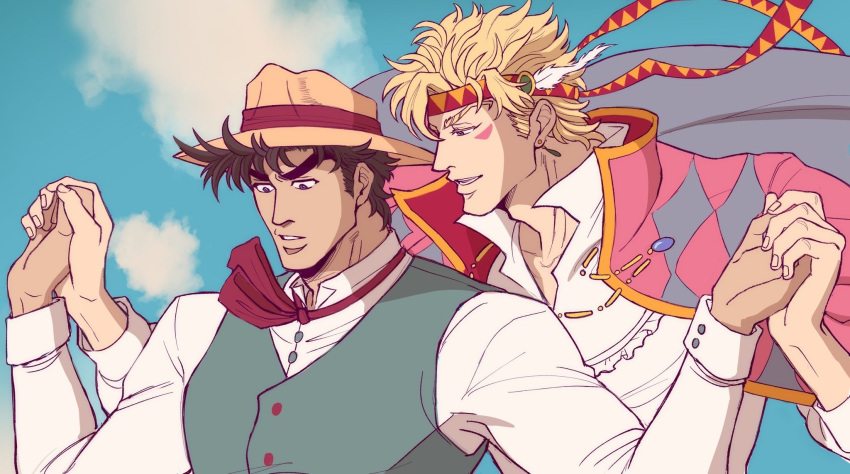 2boys adam's_apple argyle argyle_jacket ascot battle_tendency blonde_hair blue_eyes brown_hair caesar_anthonio_zeppeli catneylang cloud commentary cosplay derivative_work earrings english_commentary facial_mark feathers green_vest grey_eyes hair_feathers headband highres holding_hands howl_(howl_no_ugoku_shiro) howl_(howl_no_ugoku_shiro)_(cosplay) howl_no_ugoku_shiro jacket jacket_on_shoulders jewelry jojo_no_kimyou_na_bouken joseph_joestar_(young) long_sleeves looking_at_another looking_down male_focus multiple_boys multiple_sources necklace parody pink_jacket red_neckwear screencap_redraw shirt short_hair sophie_(howl_no_ugoku_shiro) sophie_(howl_no_ugoku_shiro)_(cosplay) vest white_shirt