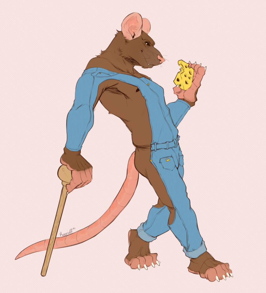 2021 anthro bottomwear brown_body brown_fur cheese clothed clothing dairy_products denim denim_clothing digital_drawing_(artwork) digital_media_(artwork) food fur jeans koorivlf looking_at_viewer male mammal murid murine nipples pants rat rodent series signature simple_background skinny_male skinny_tail smile solo standing walking_stick