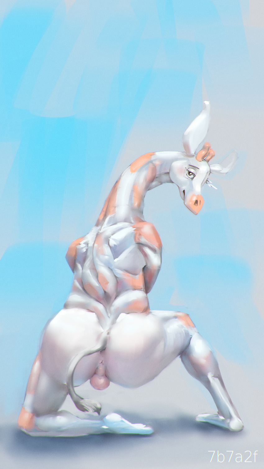 2021 7b7a2f 9:16 anthro anus balls butt digital_media_(artwork) digital_painting_(artwork) genitals giraffe giraffid hi_res kneeling long_neck looking_at_viewer male mammal muscular muscular_anthro muscular_male on_knee perineum realistic signature simple_background solo