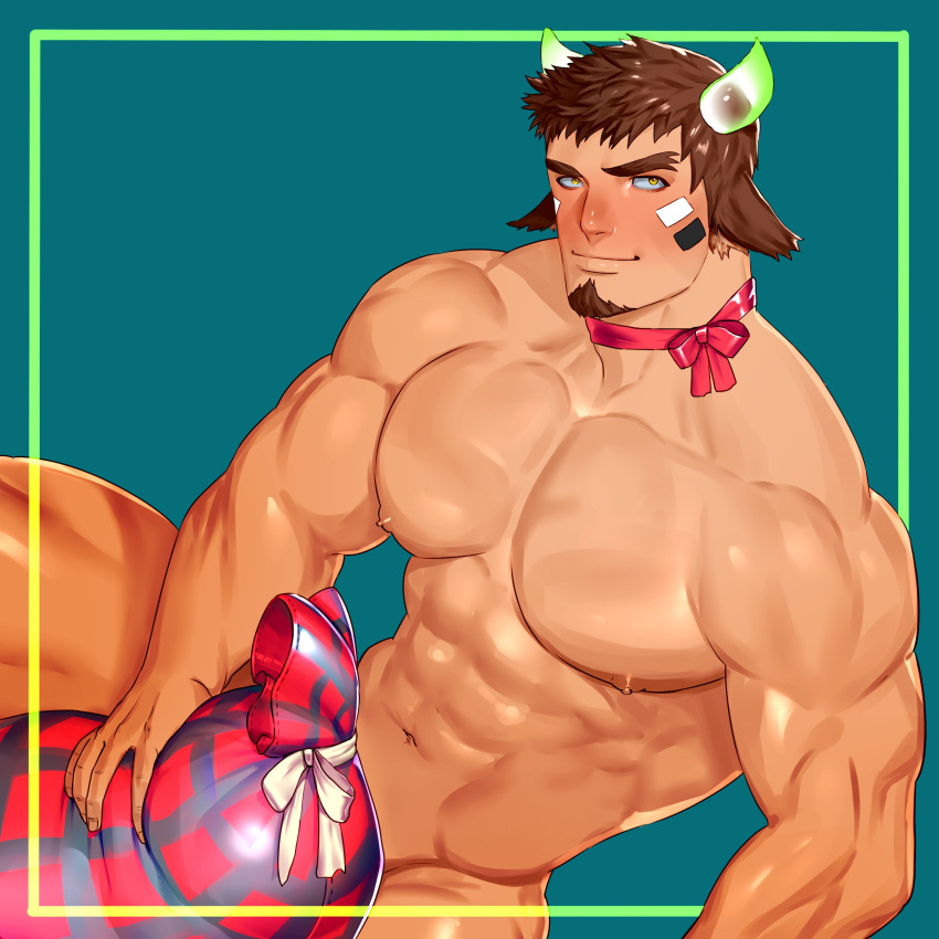 1boy abs absurdres alternate_pectoral_size animal_ears bara blush bow bowtie brown_eyes brown_hair completely_nude covering covering_crotch cow_boy cow_ears cow_horns facial_hair feet_out_of_frame fiery_horns forked_eyebrows gift_bag glowing_horns goatee highres horns large_pectorals looking_at_viewer male_focus mature_male muscular muscular_male navel nipples nude short_hair smile solo spiked_hair stomach thick_eyebrows thick_thighs thighs tokyo_houkago_summoners wakan_tanka won_(won_uom)