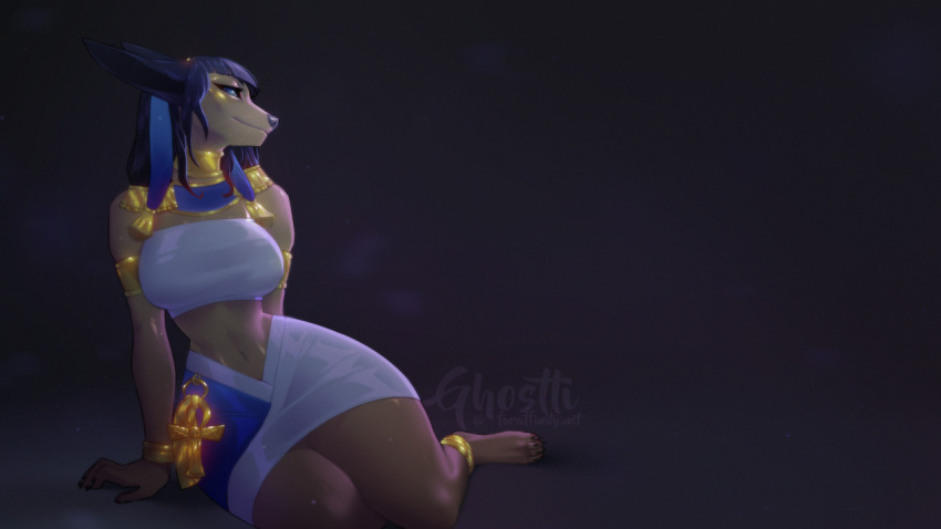 16:9 2021 anbs-02 ankle_band anthro anubian_jackal anubis arm_support armband bandeau black_hair blue_eyes bottomwear breasts brown_body canid canine canis claws clothed clothing deity egyptian_clothing egyptian_mythology eyelashes feet female finger_claws ghostli hair jackal jewelry mammal middle_eastern_mythology midriff mythology navel necklace on_ground sitting skirt solo toe_claws topwear wallpaper widescreen