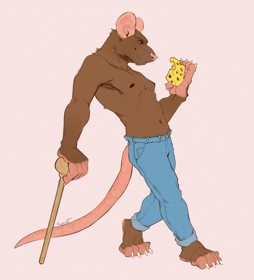 2021 anthro bottomwear brown_body brown_fur cheese clothed clothing dairy_products denim denim_clothing digital_drawing_(artwork) digital_media_(artwork) food fur jeans koorivlf looking_at_viewer male mammal murid murine nipples pants rat rodent series signature simple_background skinny_male skinny_tail smile solo standing walking_stick