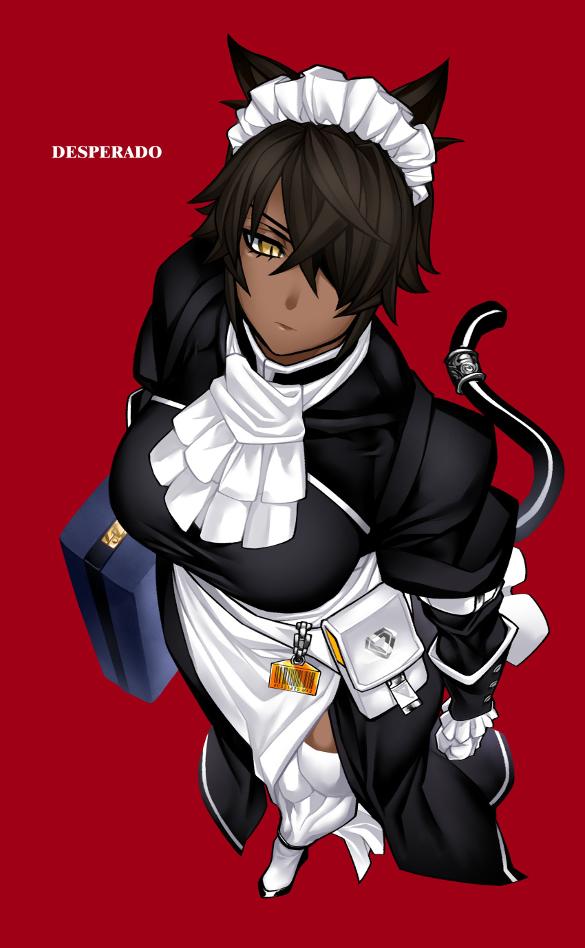 1girl absurdres animal_ears apron barcode belt_pouch black_dress black_tail breasts briefcase brown_hair cat_ears cat_tail clenched_hand copyright_name cravat dark_skin dark_skinned_female desperado_(yotaro) dress eyeliner eyepatch foreshortening from_above gloves highres large_breasts long_dress maid maid_headdress makeup mao_(yotaro) muscular muscular_female name_tag one-eyed pouch red_background short_hair side_slit slit_pupils solo standing tail taut_clothes taut_dress thick_thighs thighhighs thighs waist_apron white_gloves white_legwear wrist_cuffs yellow_eyes yotaro