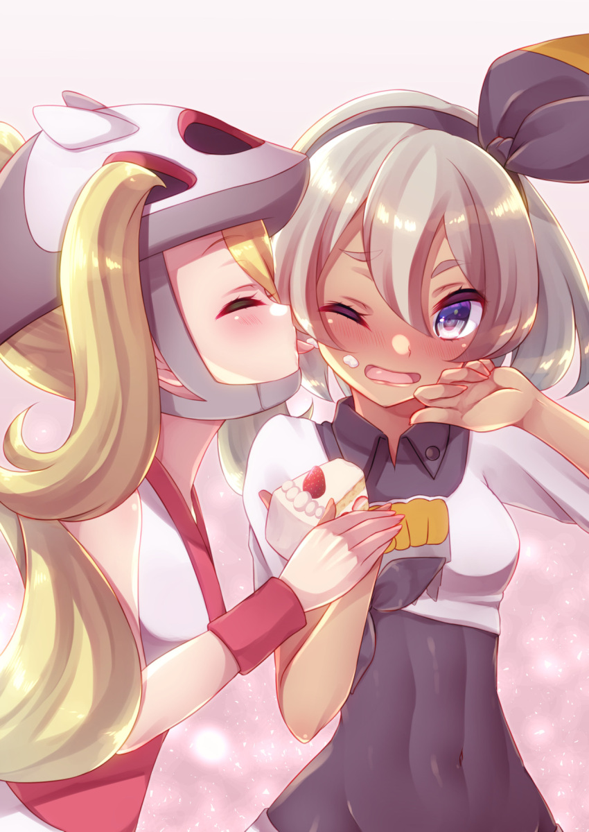 2girls bangs bea_(pokemon) bicycle_helmet black_bodysuit black_hairband blonde_hair blush bodysuit bodysuit_under_clothes bow_hairband breasts cake closed_eyes collared_shirt commentary_request covered_abs covered_navel eyelashes food grey_eyes hair_between_eyes hairband helmet highres holding holding_cake holding_food korrina_(pokemon) licking licking_another's_face long_hair multiple_girls odagiri_gamine one_eye_closed open_mouth pokemon pokemon_(anime) pokemon_swsh_(anime) print_shirt shirt short_sleeves strawberry_shortcake tongue tongue_out yuri