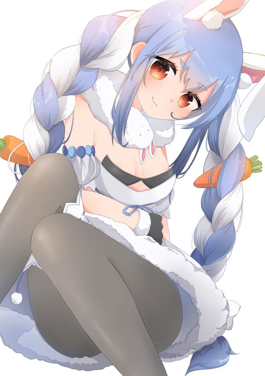 1girl absurdres animal_ear_fluff animal_ears bangs black_gloves black_legwear black_leotard blue_hair blush braid breasts bunny-shaped_pupils bunny_ears bunny_tail carrot_hair_ornament closed_mouth coat cutout_above_navel detached_sleeves don-chan_(usada_pekora) feet_out_of_frame food_themed_hair_ornament fur-trimmed_coat fur-trimmed_gloves fur_scarf fur_trim garters gloves goi_(goi_qo) hair_ornament head_tilt highres hikimayu hololive huge_filesize leotard leotard_under_clothes long_hair looking_at_viewer multicolored_hair orange_eyes pantyhose puffy_short_sleeves puffy_sleeves rabbit_girl scarf short_eyebrows short_sleeves simple_background single_garter sitting small_breasts solo strapless_coat tail twin_braids twintails two-tone_hair usada_pekora virtual_youtuber white_background white_coat white_hair white_scarf white_sleeves