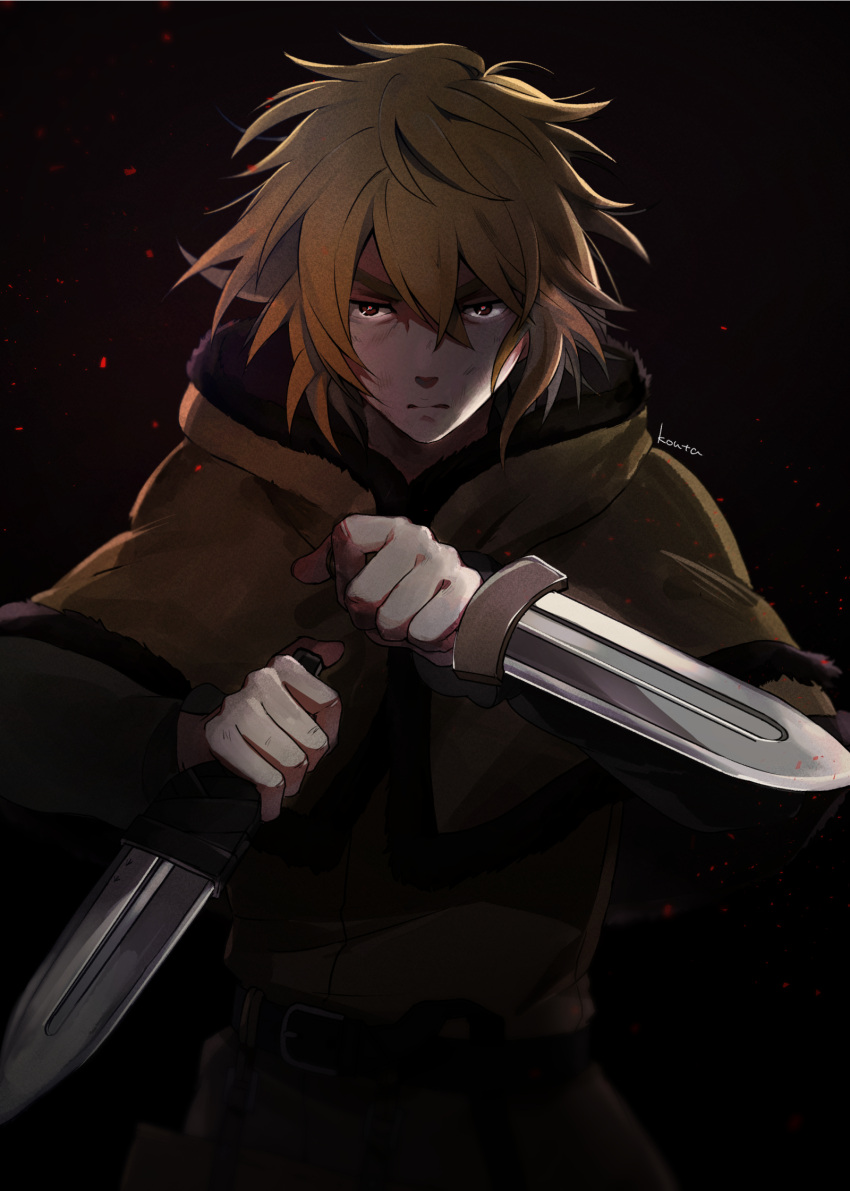 1boy black_background blonde_hair brown_eyes fighting fighting_stance fur_trim hair_between_eyes highres hiwa_kouta holding holding_knife holding_weapon knife male_focus serious short_hair simple_background solo_focus thorfinn tunic viking vinland_saga weapon