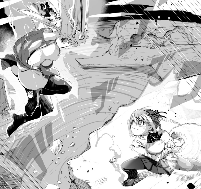 2girls ass aura battle borrowed_character breasts destruction energy_ball eye_contact fighting fighting_stance gear_hair_ornament glasses greyscale ground_shatter hamburger-chan_(nekoume) highres jumping large_breasts loafers looking_at_another machinery_tomoko_(ubonoan) monochrome multiple_girls original pantyhose pleated_skirt powering_up robot_ears semi-rimless_eyewear shirt shoes sideboob skirt sweat sweater_vest thighhighs torn_clothes torn_shirt two_side_up ubonoan under-rim_eyewear