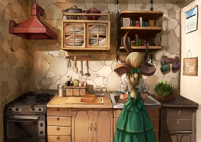 159cm 1girl absurdres asymmetrical_horns blonde_hair bow bowl cabinet calendar_(object) cup curled_horns cutting_board facing_away from_behind frying_pan gran-chan_(159cm) green_bow green_skirt hair_bow high-waist_skirt highres horns huge_horns indoors jar kitchen knife ladle lettuce long_hair long_skirt low-tied_long_hair low_ponytail mug original plate pot shelf shirt sink skirt standing stove tagme utensil white_shirt