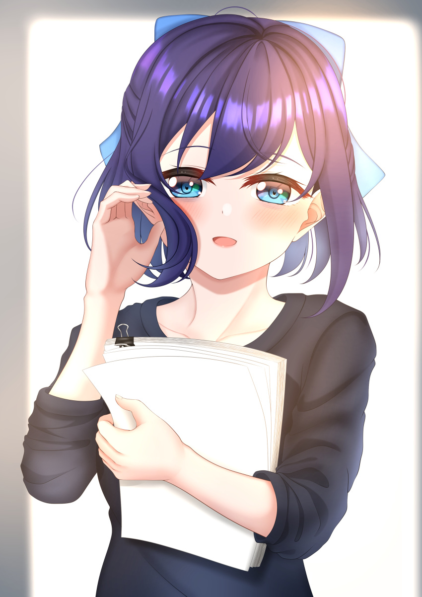 1girl absurdres bangs binder_clip black_shirt blue_bow blue_eyes blue_hair blush bow eyebrows_visible_through_hair hair_bow highres holding holding_paper hololive long_sleeves looking_at_viewer no_eyewear open_mouth paper shirt short_hair solo t-shirt upper_body virtual_youtuber yoshiki_3821 yuujin_a_(hololive)