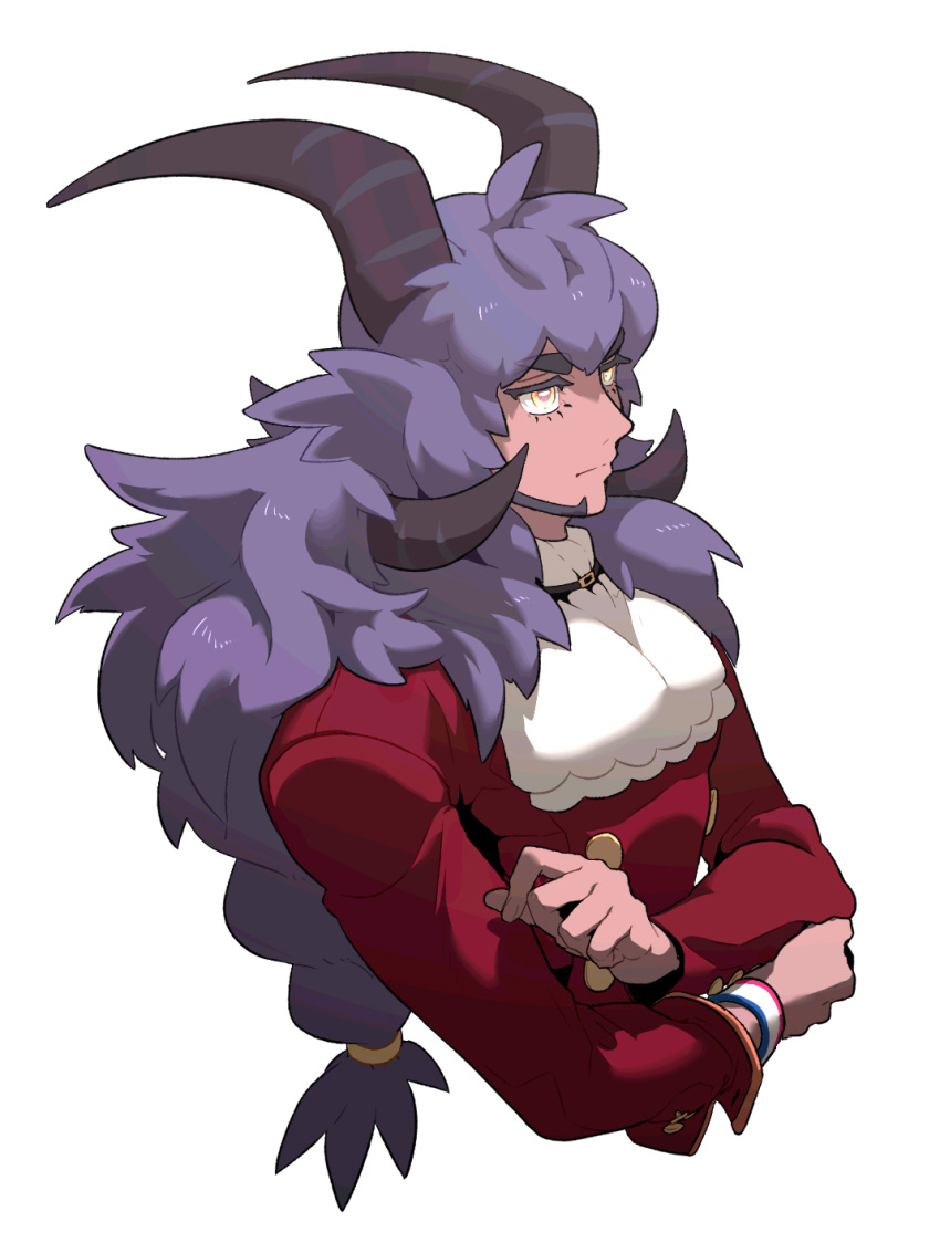 1boy bangs buttons closed_mouth commentary_request cravat dark_skin dark_skinned_male dubwool dynamax_ball dynamax_band facial_hair gen_8_pokemon highres leon_(pokemon) long_hair long_sleeves male_focus pokemon pokemon_(game) pokemon_swsh purple_hair redlhzz solo upper_body white_neckwear yellow_eyes