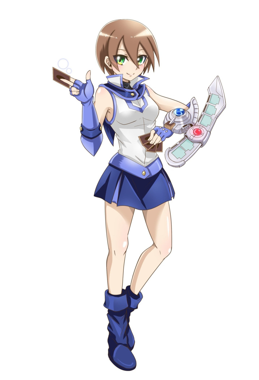 1girl aile_(rockman) breasts brown_hair closed_mouth cosplay duel_academy_uniform_(yu-gi-oh!_gx) gloves green_eyes highres looking_at_viewer rockman rockman_zx school_uniform short_hair simple_background skirt smile solo tenjouin_asuka tenjouin_asuka_(cosplay) white_background yu-gi-oh! yu-gi-oh!_gx