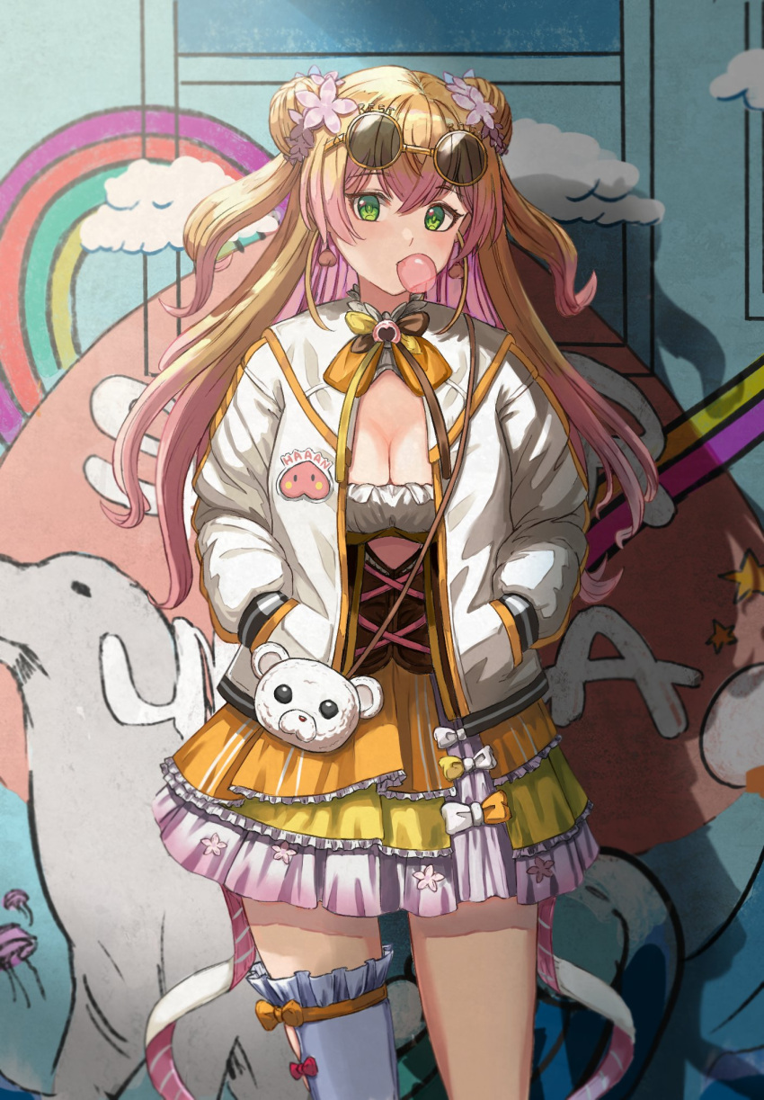 1girl bangs blonde_hair breasts chewing_gum dress earrings eyebrows_visible_through_hair gradient_hair green_eyes hair_between_eyes hair_ornament hands_in_pockets highres hololive jacket jewelry large_breasts long_hair looking_at_viewer mismatched_legwear momosuzu_nene multicolored_hair mural seal shadow solo standing sunglasses tachikana6 thighhighs virtual_youtuber wallpaper