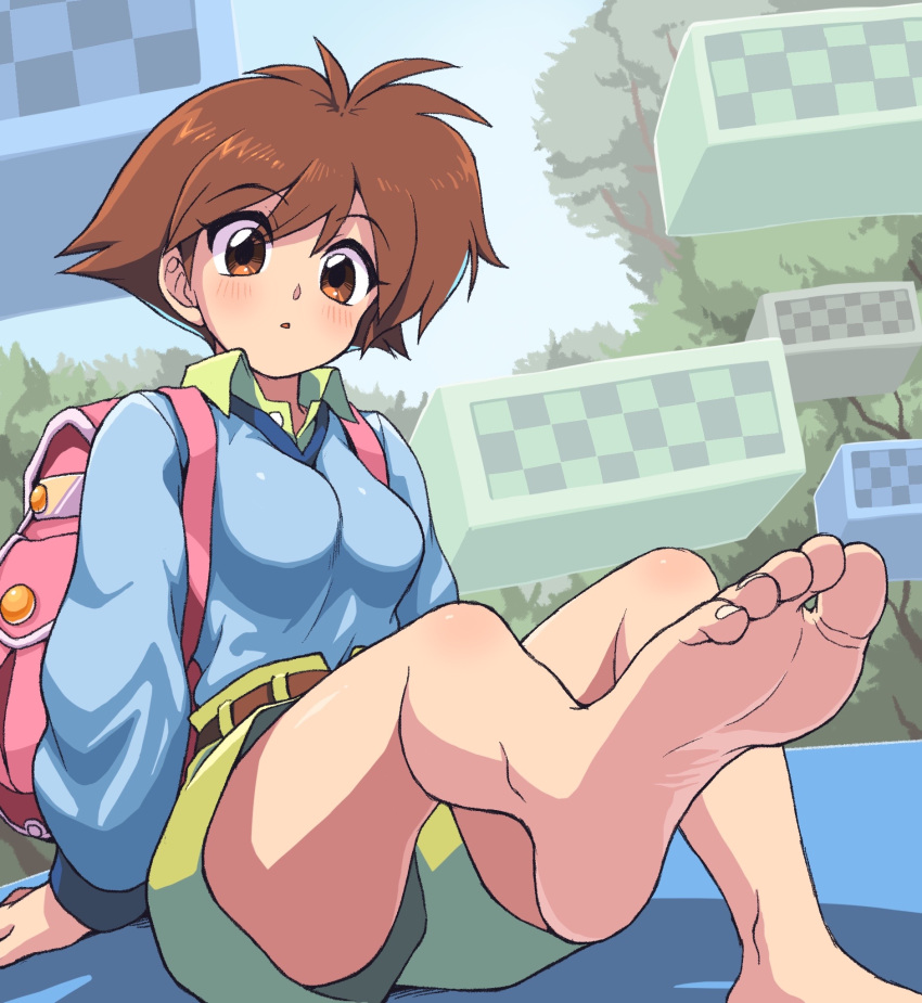 1girl backpack bag barefoot blush brown_eyes brown_hair collared_shirt feet foot_focus foreshortening highres legs looking_at_viewer open_mouth oyatsu_(mk2) shirt short_hair shorts soles solo sweater toes umihara_kawase umihara_kawase_(character)