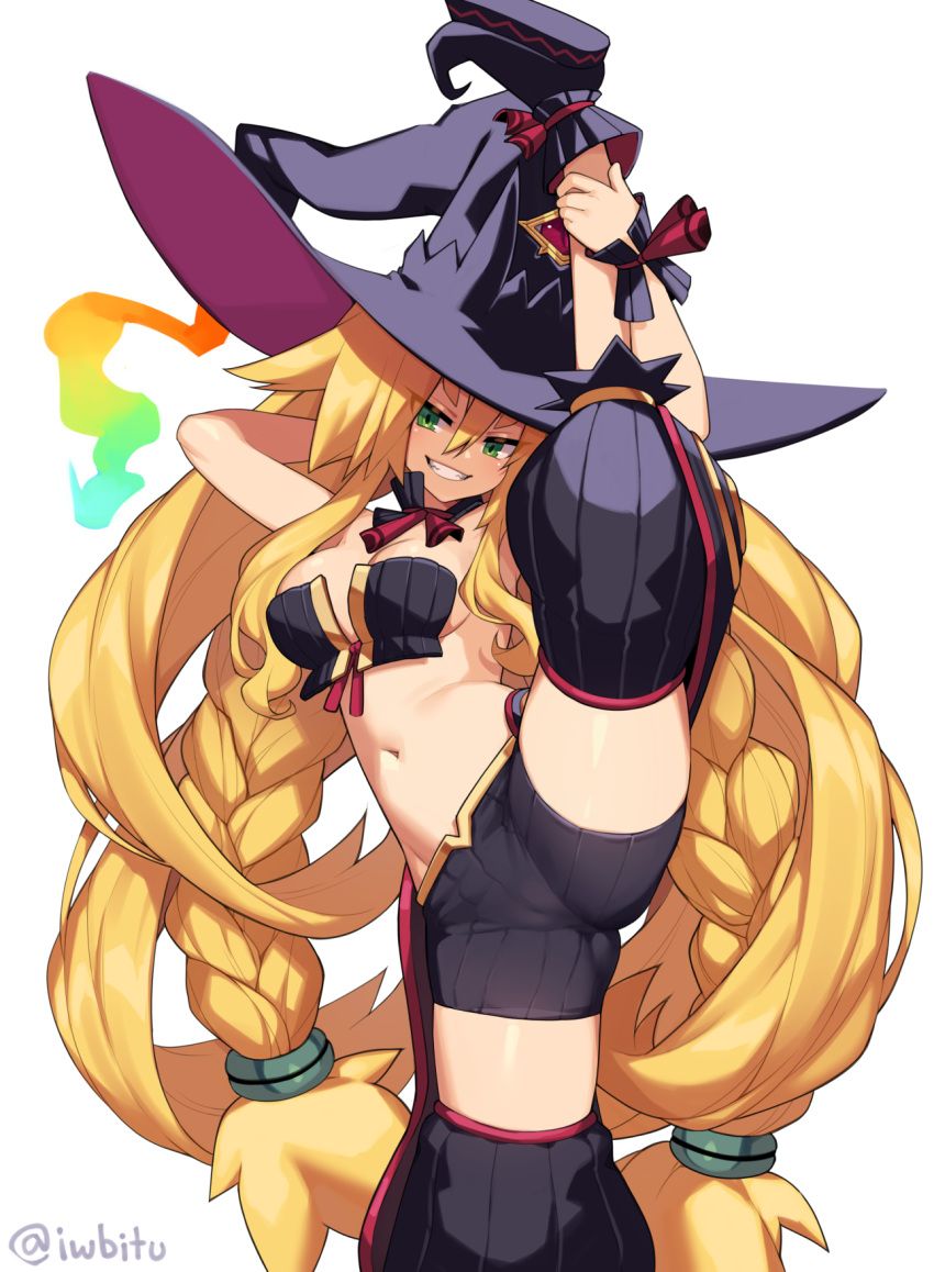 1girl adhesive_bra bangs bare_shoulders blonde_hair breasts cleavage green_eyes grin hat highres iwbitu-sa large_breasts leg_lift leg_up long_hair majo_to_hyakkihei metallica_(majo_to_hyakkihei) navel smile split standing standing_on_one_leg standing_split thighs witch witch_hat