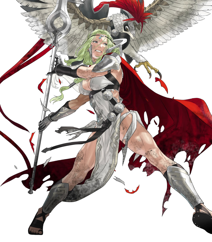 1girl animal armor bangs bird breasts cape circlet claws cleavage clenched_teeth dress fire_emblem fire_emblem_heroes full_body gauntlets green_hair highres jewelry kozaki_yuusuke long_hair looking_away medium_breasts mole mole_under_eye nott_(fire_emblem) official_art parted_bangs parted_lips polearm shoulder_armor sleeveless sleeveless_dress solo spear teeth toeless_footwear toes torn_cape torn_clothes transparent_background weapon white_dress