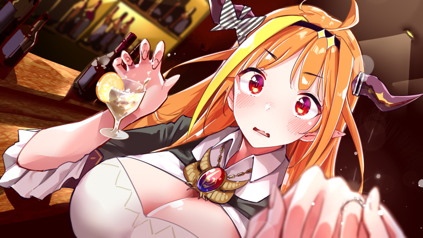 1girl ahoge alcohol bangs bar black_hairband black_jacket blonde_hair blunt_bangs blurry blurry_foreground blush bow breasts brooch chain_necklace cleavage cleavage_cutout clothing_cutout collared_shirt commentary_request counter cup depth_of_field diagonal-striped_bow dragon_girl dragon_horns drinking_glass dropping elbow_rest eyebrows_visible_through_hair fang gem glass_bottle hairband highlights highres hololive horn_bow horns indoors jacket jewelry kiryuu_coco large_breasts lens_flare long_hair looking_at_viewer multicolored multicolored_eyes multicolored_hair orange_hair parted_lips pointy_ears pov pov_hands proposal purple_eyes red_eyes ring shirt skin_fang slit_pupils spilling streaked_hair striped striped_bow surprised upper_body virtual_youtuber white_shirt yuyaiyaui