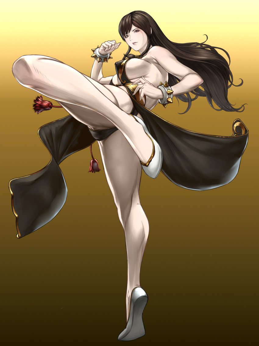 1girl ass bangs bare_shoulders black_dress bracelet breasts brown_eyes brown_hair china_dress chinese_clothes chun-li covered_nipples curvy dress gradient gradient_background highres jewelry kicking large_breasts long_hair no_bra official_alternate_costume pelvic_curtain revealing_clothes sash shisshou_senkoku sideboob slippers spiked_bracelet spikes street_fighter street_fighter_v thighs white_footwear yellow_background