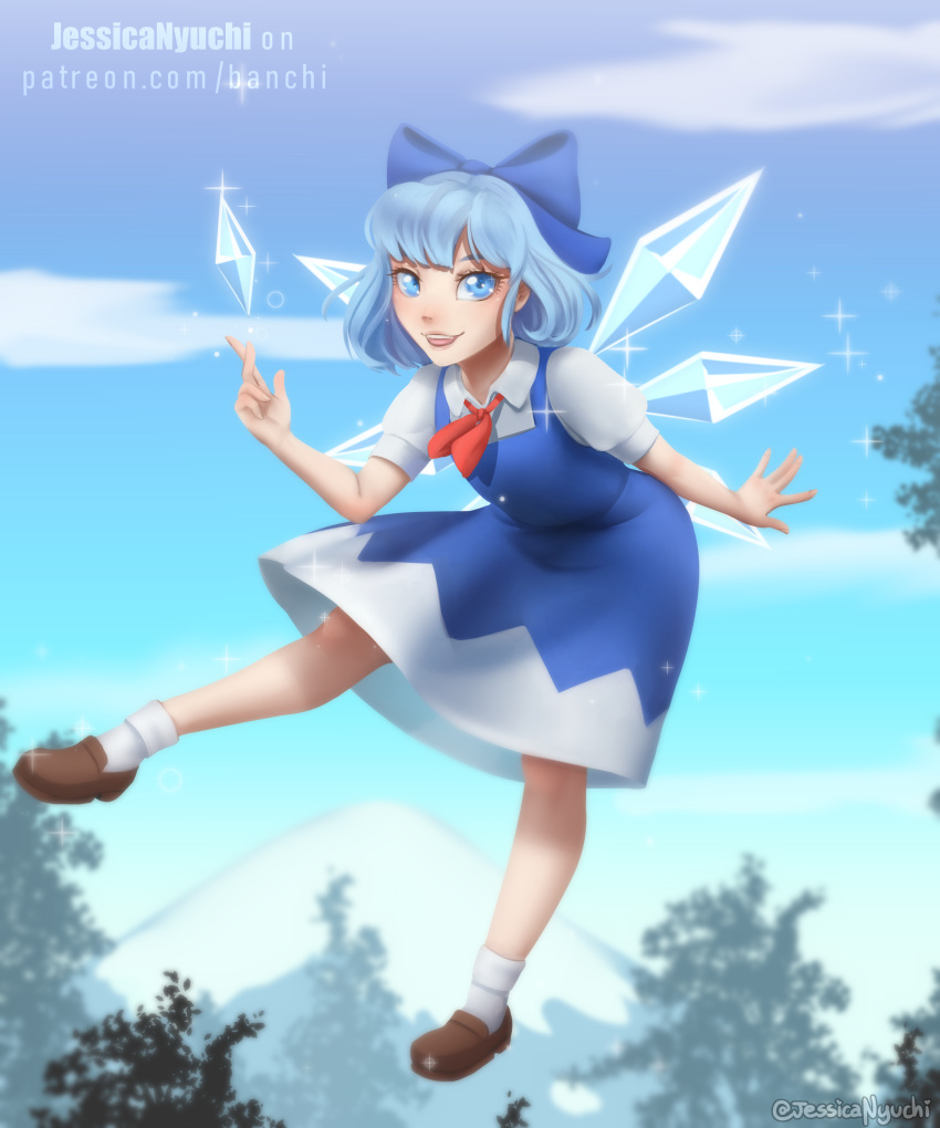 absurd_res accessory blue_eyes blue_hair cirno clothing cloud day dress fairy female flying footwear hair hair_accessory hair_bow hair_ribbon hi_res humanoid jessicanyuchi mountain not_furry plant ribbons signature solo sparkles text touhou tree url video_games wings