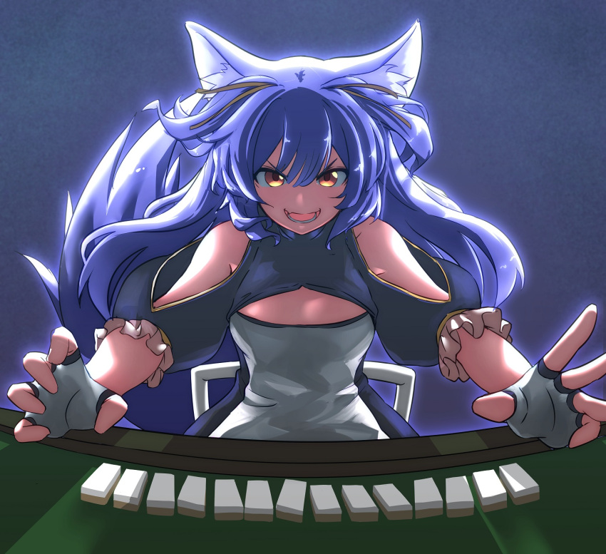 .live animal_ears breasts cleavage_cutout clothing_cutout commentary_request fang hair_between_eyes hair_ornament highres looking_at_viewer mahjong mahjong_table mahjong_tile open_mouth purple_background purple_hair rurun_rururica simple_background small_breasts teeth virtual_youtuber wolf_ears yellow_eyes