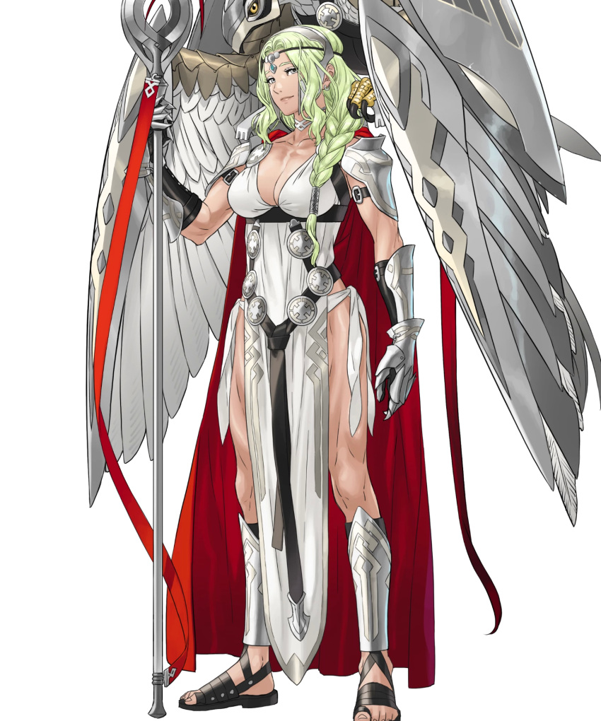 1girl animal armor bangs bird braid breasts cape choker circlet cleavage collarbone dress earrings fire_emblem fire_emblem_heroes full_body gauntlets green_hair highres jewelry kozaki_yuusuke long_hair looking_at_viewer medium_breasts mole mole_under_eye nott_(fire_emblem) official_art pelvic_curtain polearm shoulder_armor sleeveless sleeveless_dress smile solo spear thighs tied_hair toeless_footwear toes transparent_background weapon white_dress