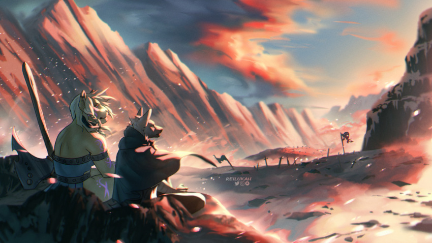 16:9 after_battle anthro armor big_axe canid canine canis cemetery clothed clothing duo ears_up felid female fur hair looking_away lukiri male mammal mountain open_eye pantherine reilukah sitting tiger wallpaper weapon widescreen wolf