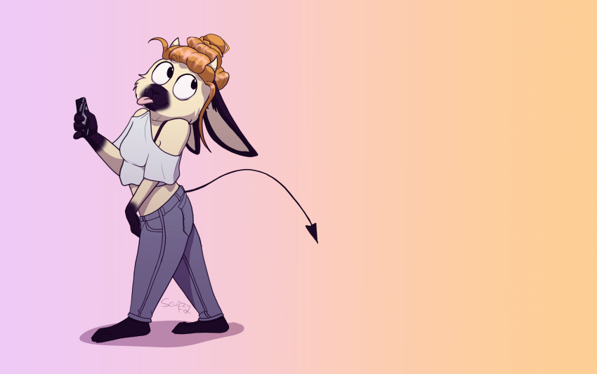 2021 abstract_background absurd_res anthro bottomwear canid canine canis cel_shading clothed clothing denim denim_clothing female hi_res jackal jeans lagomorph leporid mammal pants phone rabbit scuzzyfox shaded simple_background solo tongue tongue_out