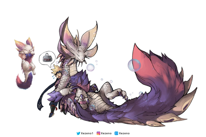 ambiguous_gender blonde_hair bubble capcom claws digitigrade duo eyes_closed feral fur hair hi_res human larger_feral leviathan_(mh) lying mammal mizutsune monster_hunter on_back pawpads paws purple_body purple_fur scales size_difference smaller_human video_games white_body white_scales xezeno