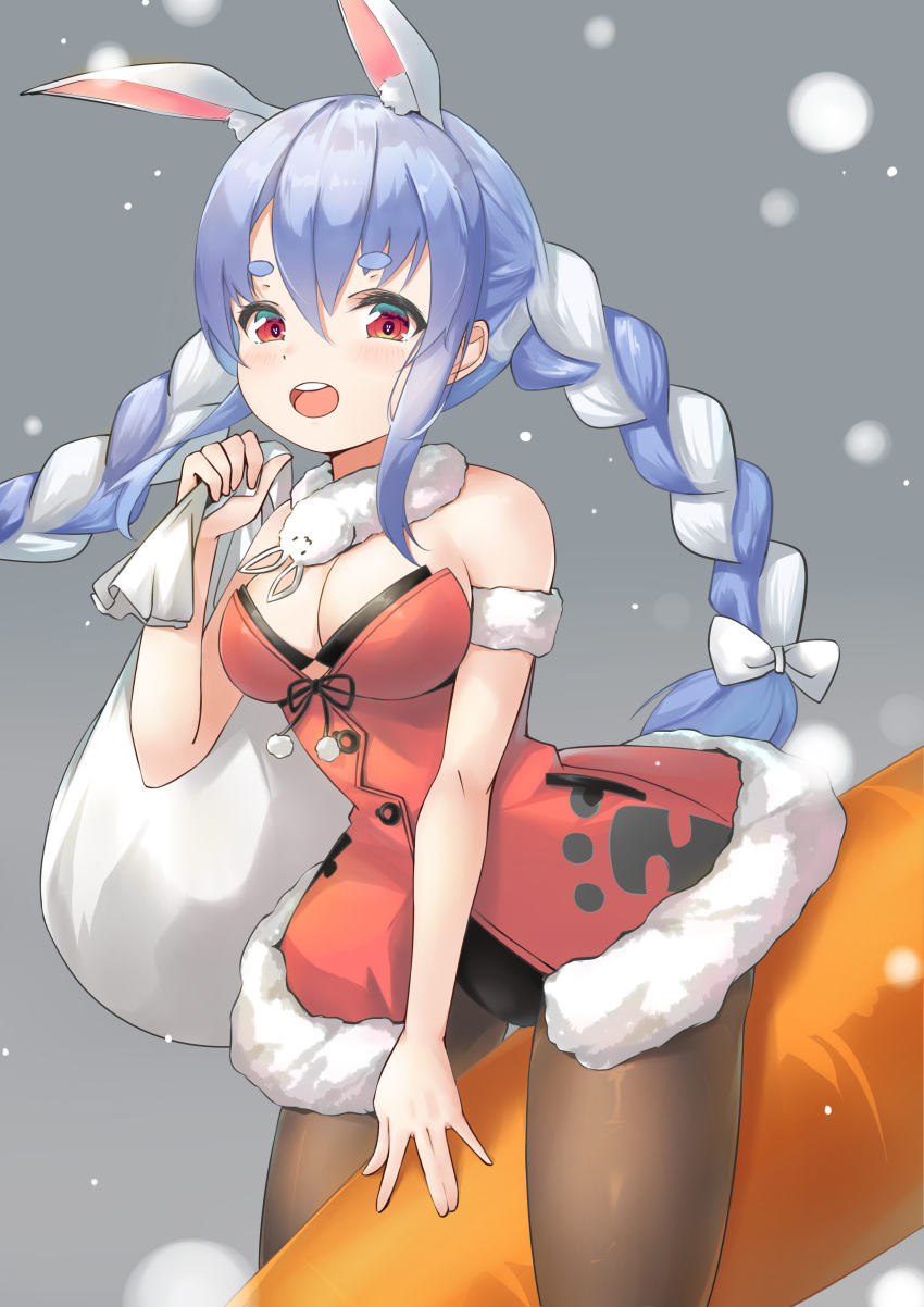 1girl :d absurdres adapted_costume alternate_breast_size animal_ear_fluff animal_ears armband bangs bare_arms bare_shoulders black_legwear black_leotard blue_hair braid breasts bunny-shaped_pupils bunny_ears christmas cleavage clothing_cutout coat cowboy_shot don-chan_(usada_pekora) fur-trimmed_coat fur_scarf fur_trim highres hikimayu hololive large_breasts leotard leotard_under_clothes light_blush long_hair looking_at_viewer multicolored_hair open_mouth pantyhose playboy_bunny qingyunmengyi red_coat red_eyes riding sack santa_costume scarf short_eyebrows smile solo strapless strapless_coat strapless_leotard swept_bangs thighs twin_braids twintails two-tone_hair underboob_cutout upper_teeth usada_pekora virtual_youtuber white_hair white_scarf