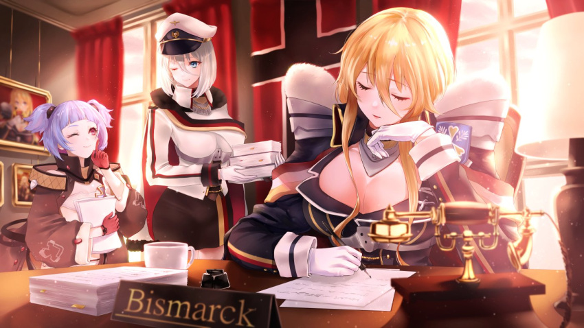 3girls azur_lane bismarck_(azur_lane) bismarck_(coat_of_arms) black_jacket black_skirt blonde_hair blue_eyes blue_hair breasts brown_coat character_name cleavage coat fur-trimmed_jacket fur_trim german_flag gloves hair_between_eyes half_gloves hat holding holding_paper holding_pen illmercc indoors jacket large_breasts long_hair medium_hair multiple_girls paper peaked_cap pen pencil_skirt phone red_curtains red_eyes red_gloves sitting skirt tirpitz_(azur_lane) u-556_(azur_lane) white_gloves white_hair white_headwear white_jacket