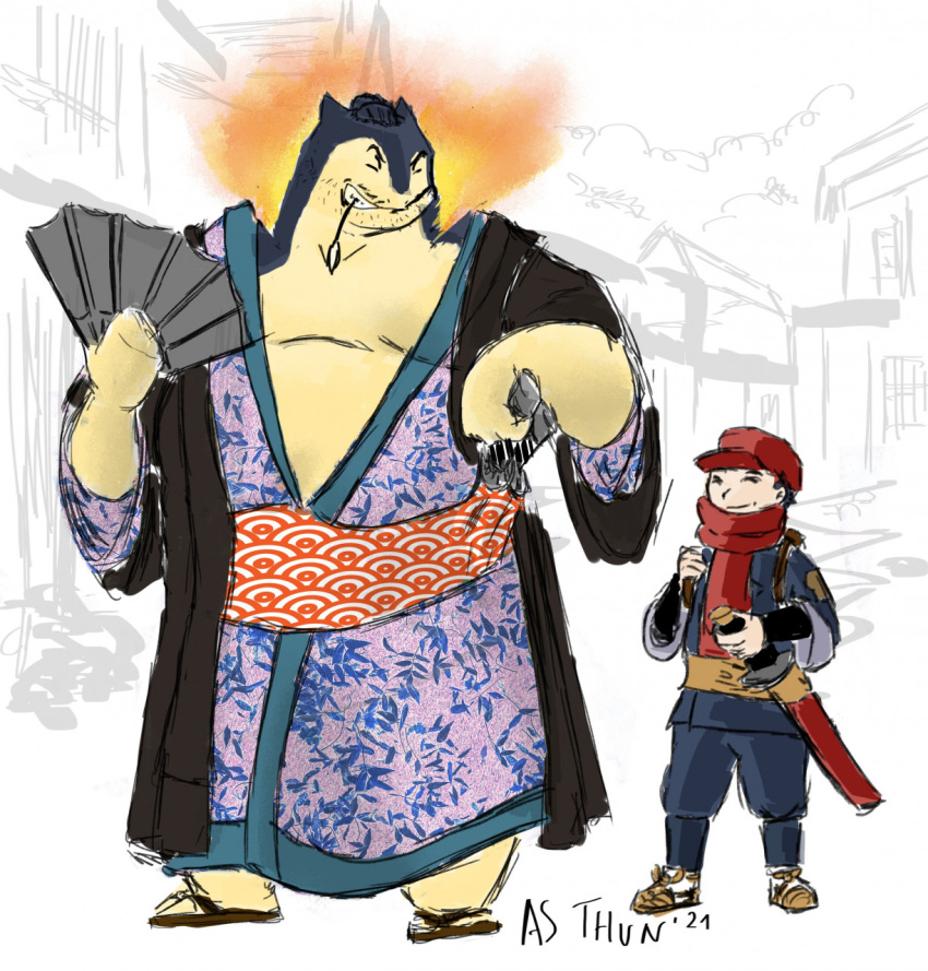 anthro anthrofied asian_clothing asthun clothing duo east_asian_clothing fans hi_res human japanese_clothing kimono lucas_(pok&eacute;mon) male mammal melee_weapon moobs nintendo pok&eacute;mon pok&eacute;mon_(species) pokemon_legends_arceus slightly_chubby sword typhlosion video_games weapon