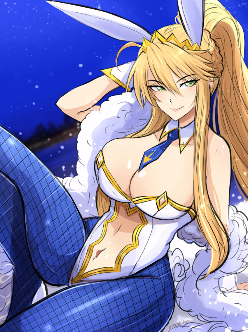 1girl animal_ears artoria_pendragon_(all) artoria_pendragon_(swimsuit_ruler)_(fate) bare_shoulders blonde_hair blue_legwear blue_neckwear braid breasts bunny_ears cleavage clothing_cutout collar detached_collar eyebrows_visible_through_hair fate/grand_order fate_(series) feather_boa fishnet_legwear fishnets french_braid green_eyes hair_between_eyes high_ponytail highres huge_breasts leotard long_hair navel navel_cutout necktie night omiza_somi pantyhose playboy_bunny ponytail reclining sidelocks smile solo white_collar white_leotard wrist_cuffs
