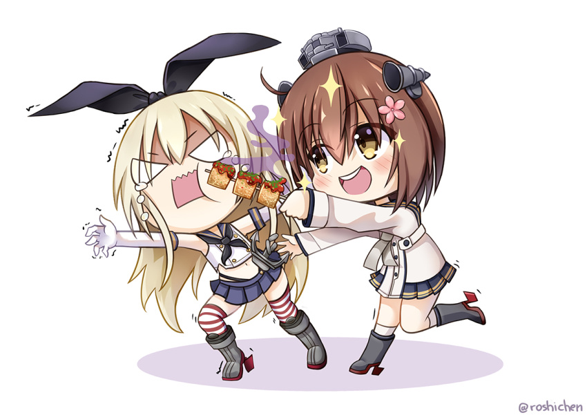 2girls anchor_symbol binoculars black_hairband black_neckwear black_panties black_sailor_collar blonde_hair blue_sailor_collar blue_skirt brown_eyes brown_hair cherry_blossoms chibi commentary_request crop_top dress elbow_gloves english_commentary flower food full_body gloves grey_eyes grey_neckwear hair_flower hair_ornament hairband headset kantai_collection kebab long_hair microskirt miniskirt mixed-language_commentary multiple_girls neckerchief open_mouth panties pleated_skirt remodel_(kantai_collection) roshi_chen round_teeth sailor_collar sailor_dress shimakaze_(kancolle) short_hair simple_background skirt socks speaking_tube_headset stinky_tofu striped striped_legwear teeth thighhighs tofu underwear upper_teeth white_background white_gloves yukikaze_(kancolle)