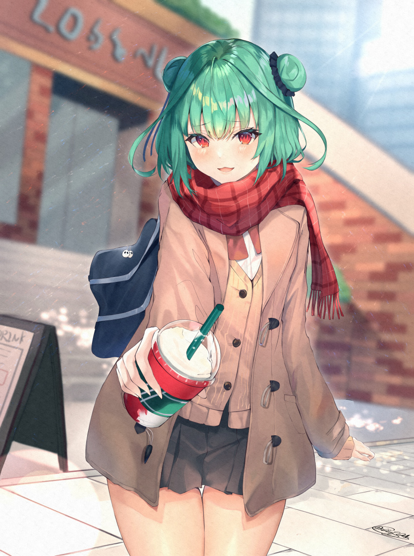 1girl :3 absurdres aqua_hair bag bangs black_skirt brown_jacket buttons cowboy_shot double_bun drinking_straw facing_viewer hair_bun handbag highres hololive huge_filesize jacket looking_at_viewer medium_hair open_mouth outdoors outstretched_arm plaid plaid_scarf print_cup red_eyes red_scarf scarf shiina_aoi skirt solo sweater_vest thighs twitter_username uruha_rushia virtual_youtuber