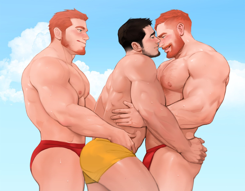 3boys :q ass_grab bara bare_pecs beard black_hair blue_eyes blush boy_sandwich bulge facial_hair goatee group_sex hand_under_clothes imminent_kiss imminent_sex jang_ju_hyeon large_pectorals long_sideburns male_focus male_swimwear mature_male mmm_threesome multiple_boys muscular muscular_male navel navel_hair nipples orange_hair original red_male_swimwear reward_available sandwiched short_hair smile stomach swim_briefs swimwear thick_thighs thighs threesome tongue tongue_out wet yaoi yellow_male_swimwear