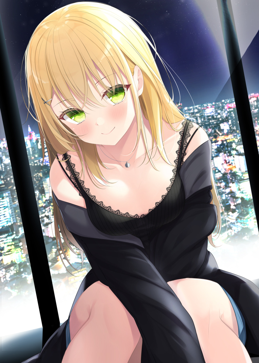 1girl black_shirt blonde_hair blush breasts city city_lights cityscape cleavage closed_mouth collarbone green_eyes hair_ornament highres indoors long_hair long_sleeves looking_at_viewer low_neckline night original sasahara_wakaba shirt smile solo window