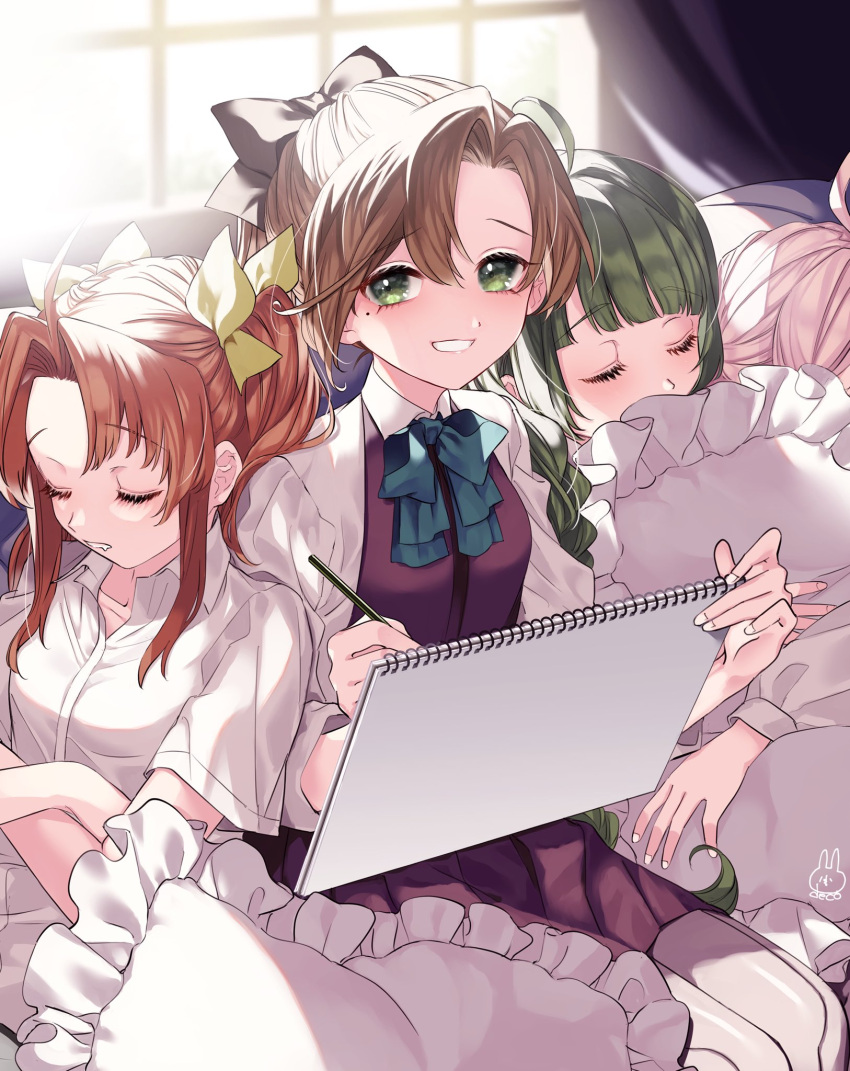 4girls ahoge akigumo_(kancolle) bangs blue_neckwear bow bowtie braid brown_hair closed_eyes commentary_request crossed_arms deco_(geigeki_honey) dress eyebrows_visible_through_hair green_eyes green_hair grey_legwear hair_bow hair_ribbon highres holding holding_pencil holding_sketchbook indoors kagerou_(kancolle) kantai_collection long_hair looking_at_viewer makigumo_(kancolle) mole mole_under_eye multiple_girls orange_hair pantyhose pencil pillow pillow_hug pink_hair ponytail purple_dress ribbon shirt short_sleeves sidelocks signature single_braid sitting sketchbook sleeping sleeping_on_person sleeping_upright twintails white_shirt window yuugumo_(kancolle)