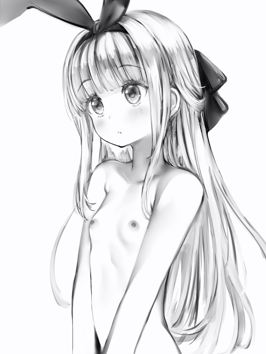 1girl :&lt; absurdres blush bow bow_hairband breasts closed_mouth completely_nude greyscale hair_bow hairband head_tilt highres huge_bow long_hair monochrome mononobe_alice nanashi_(nlo) nijisanji nipples nude small_breasts solo upper_body