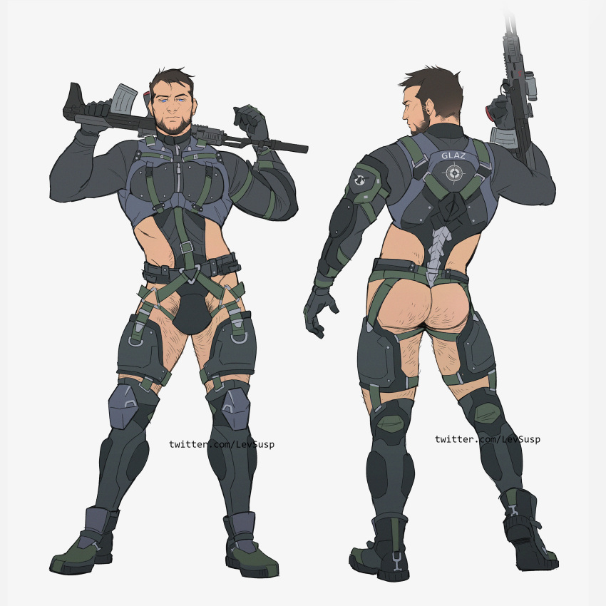 1boy absurdres anal_hair ass_cutout back bara beard blue_eyes brown_hair bulge butt_crack character_request check_character chest_harness clothing_cutout crotchless crotchless_pants facial_hair full_body glaz_(rainbow_six_siege) gun hairy harness highres hip_vent holding holding_gun holding_weapon jockstrap large_pectorals leg_hair levasoj looking_at_viewer male_focus male_pubic_hair male_underwear mature_male multiple_views muscular muscular_male over_shoulder pubic_hair rainbow_six_siege revealing_clothes short_hair stomach stomach_cutout thick_thighs thigh_cutout thighs underwear weapon weapon_over_shoulder weapon_request