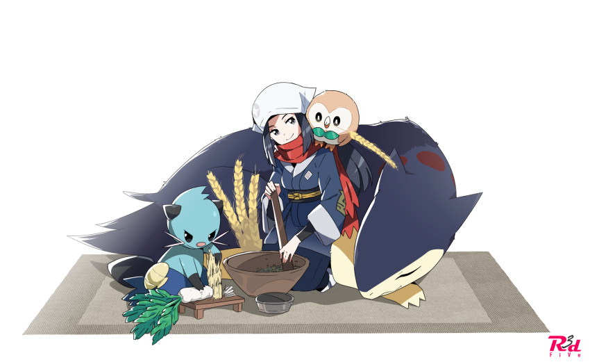 1girl beak bowl chopping cutting_board dewott female_protagonist_(pokemon_legends:_arceus) gen_2_pokemon gen_5_pokemon gen_7_pokemon head_scarf highres mat on_shoulder pokemon pokemon_(creature) pokemon_(game) pokemon_legends:_arceus pokemon_on_shoulder r3dfive radish red_scarf rowlet scarf simple_background sleeping smile typhlosion wheat whiskers