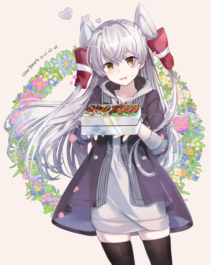 1girl amatsukaze_(kancolle) artist_name black_jacket black_legwear blush collarbone cowboy_shot dated grey_shirt hair_between_eyes hair_tubes heart highres himeyamato holding jacket kantai_collection long_hair long_sleeves obentou official_alternate_costume shirt silver_hair solo thighhighs two_side_up windsock yellow_eyes