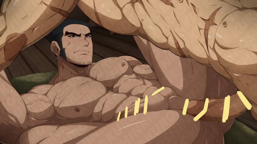 2boys abs ass bar_censor bara beard black_hair brown_eyes buzz_cut censored chest_hair completely_nude erection facial_hair feet_out_of_frame golden_kamuy highres imminent_sex kuroshinki large_pectorals long_sideburns lying male_focus mature_male multiple_boys muscular muscular_male navel nipples nude on_back penis reward_available scar scar_on_arm scar_on_chest short_hair sideburns solo_focus spread_legs stomach stubble sugimoto_saichi tanigaki_genjirou thick_eyebrows thick_thighs thighs veins veiny_penis very_short_hair yaoi