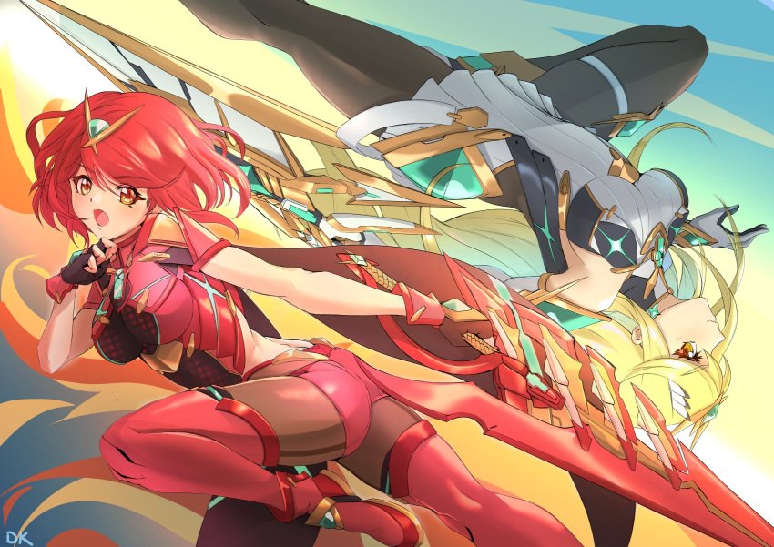 2girls aegis_sword_(xenoblade) bangs bare_shoulders black_gloves black_legwear blonde_hair blush breasts chest_jewel cleavage_cutout clothing_cutout deekei dress earrings elbow_gloves fingerless_gloves fire gem gloves headpiece highres jewelry large_breasts light long_hair looking_at_viewer multiple_girls mythra_(xenoblade) open_mouth pantyhose pyra_(xenoblade) red_eyes red_hair red_legwear red_shorts short_dress short_hair short_shorts shorts super_smash_bros. swept_bangs sword thigh_strap thighhighs tiara very_long_hair weapon white_dress white_gloves xenoblade_chronicles_(series) xenoblade_chronicles_2 yellow_eyes