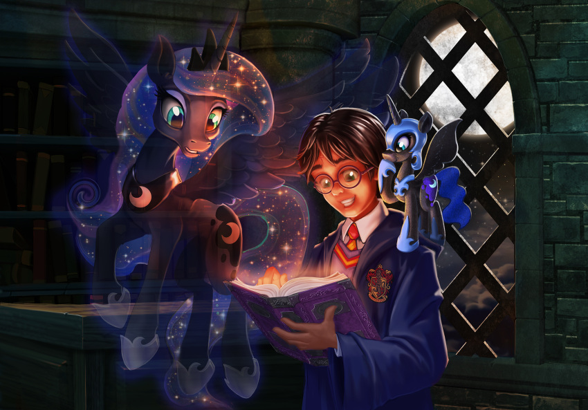 blue_eyes bookshelf clothing equid equine ethereal_hair ethereal_tail eyewear friendship_is_magic full_moon furniture glasses harry_potter harry_potter_(character) harwick hi_res horn inside library mammal moon my_little_pony night nightmare_moon_(mlp) princess_luna_(mlp) school_uniform sparkles star uniform window winged_unicorn wings