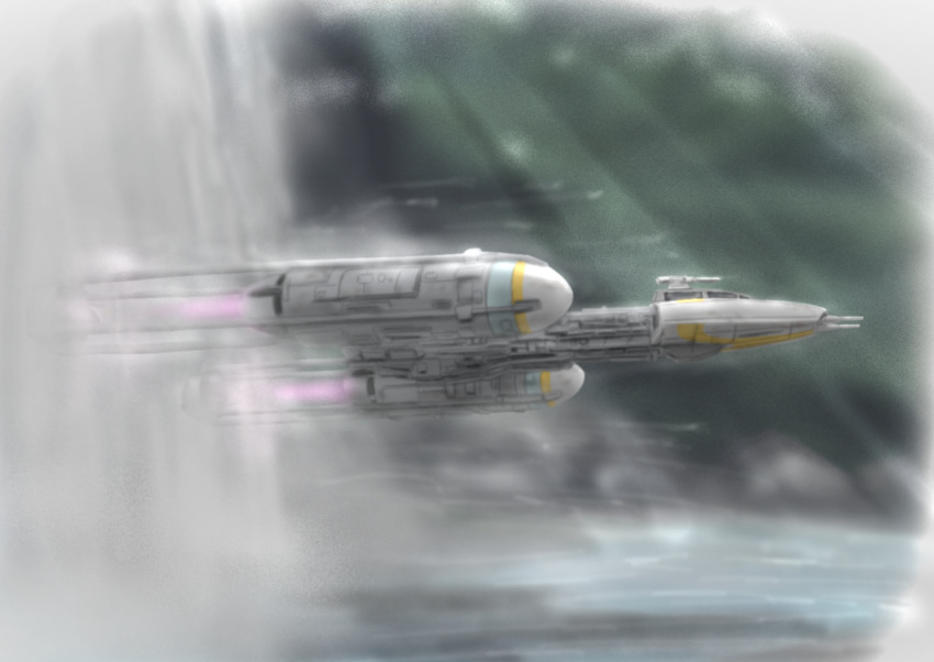 cloud cloudy_sky flying from_side no_humans opo science_fiction sky space_craft star_wars starfighter sunlight thrusters vehicle_focus water y-wing