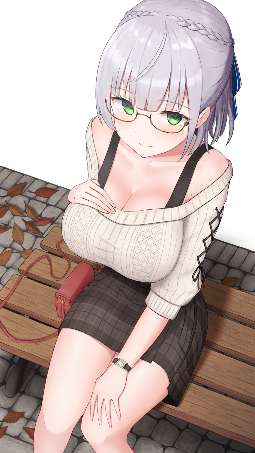1girl absurdres bag bench blue_ribbon blush bra_strap braid breasts brown_skirt checkered checkered_skirt cleavage closed_mouth collarbone eyebrows_visible_through_hair french_braid glasses green_eyes hair_ribbon hand_on_own_chest hand_on_own_knee highres hololive large_breasts long_hair looking_at_viewer ribbon shirogane_noel silver_hair simple_background sitting sitting_on_bench skirt smile solo sweater topgear virtual_youtuber watch white_sweater