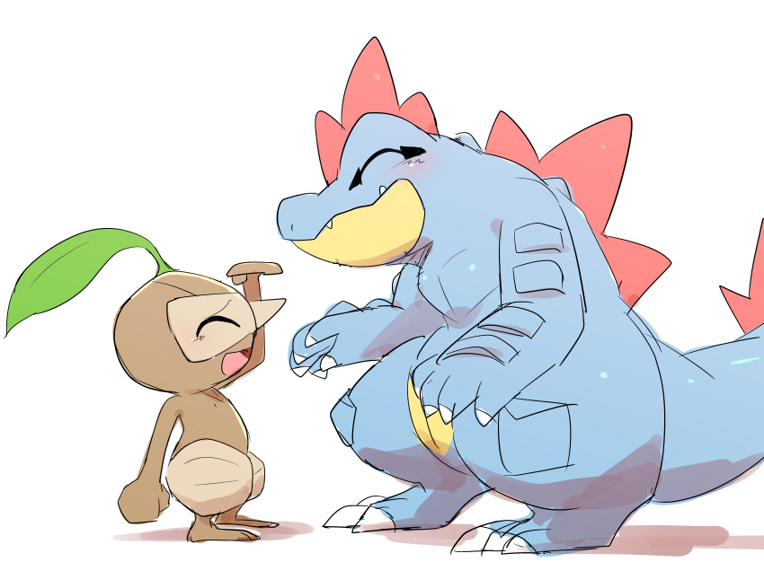 absurd_res anthro blush dorobo_39 duo feraligatr growing_up hi_res leaf long_nose nintendo nuzleaf pok&eacute;mon pok&eacute;mon_(species) pok&eacute;mon_mystery_dungeon size_difference video_games