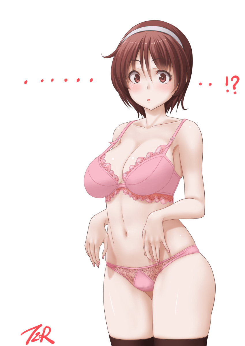 !? ... 1girl black_legwear bra breasts brown_eyes brown_hair cleavage commentary_request cowboy_shot hairband highres kantai_collection large_breasts looking_at_viewer natori_(kancolle) panties pink_bra pink_panties short_hair simple_background solo t2r thighhighs underwear underwear_only white_background white_hairband