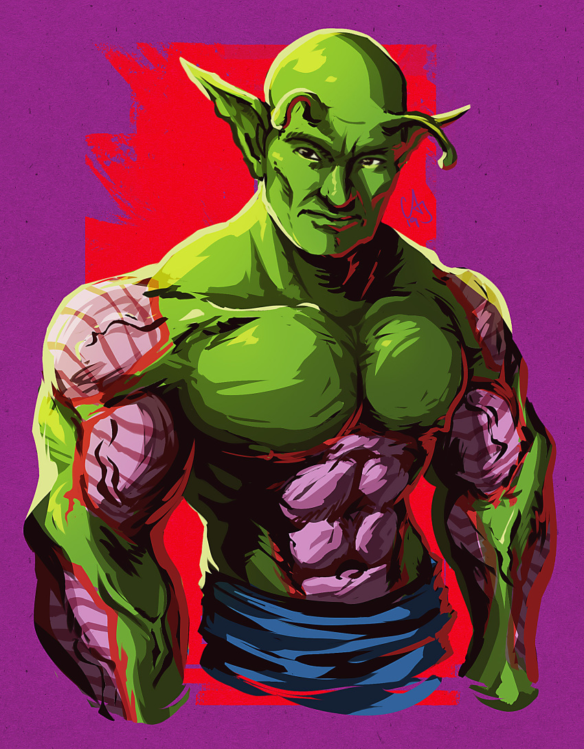 1boy abs absurdres alien antennae bald black_eyes colored_skin cropped_arms crossover dragon_ball dragon_ball_z english_commentary finbeard fusion green_skin highres jean-luc_picard looking_to_the_side mixed-language_commentary muscular muscular_male namekian pectorals piccolo pointy_ears pun solo star_trek star_trek:_the_next_generation