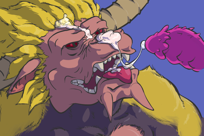 anthro bodily_fluids capcom charcoal_inpachi cum cum_drip cum_on_face dripping genital_fluids genitals hi_res horn male male/male monster_hunter penile_spines penis primatius rajang solo tongue tongue_out video_games